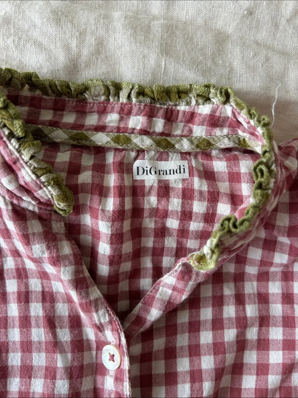 Pink Gingham Button-Front Kids Dress with Olive Accents